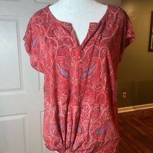 Lucky Brand Womens Shirt Short Sleeve Vneck Tie Front Paisley Patriotic XL